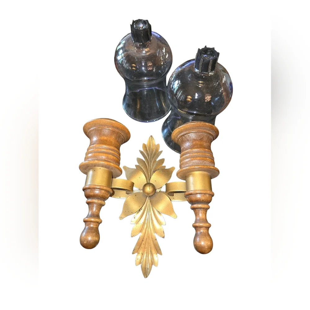 Vintage Decorative Wood, Brass & Glass Double Candle Holder Hanging‎ Wall Sconce